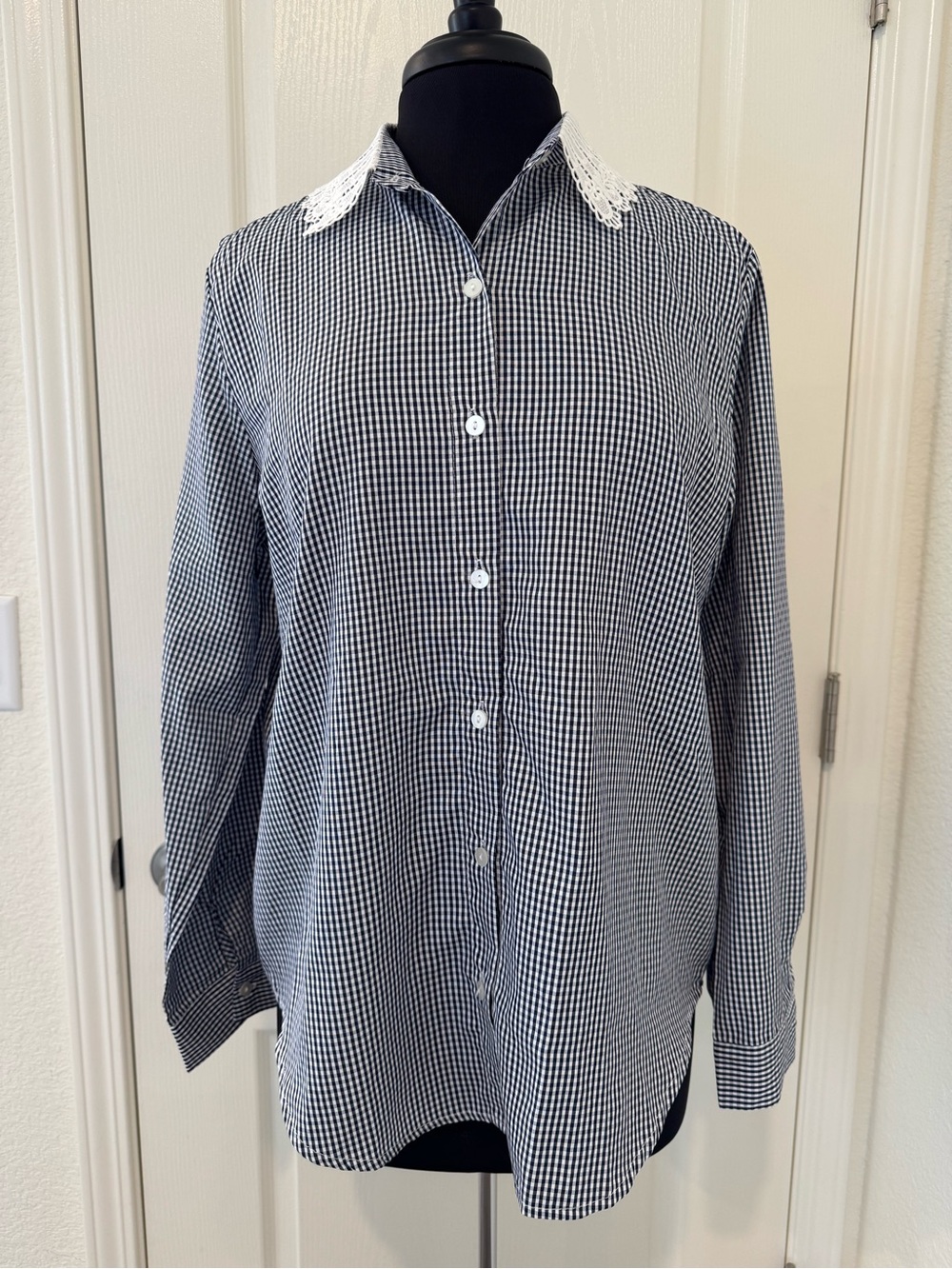 Navy & White Gingham Button-Up Long Sleeve with Lace Collar